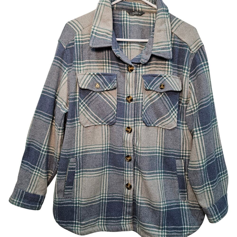 Shacket Blue Gray Green  Plaid Button Up Long Heavy Flannel Tunic XL Jacket